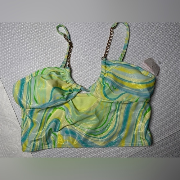 River Island Swimsuit Crop Top Bikini Retro 60’s Vibe Psychedelic Metallic 10 - Picture 7 of 11